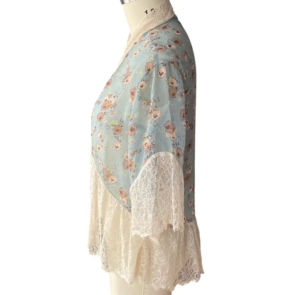 BCBGeneration Women's Blue Lacey Floral Boho Shawl Cape Bohemian Kimono Wrap
